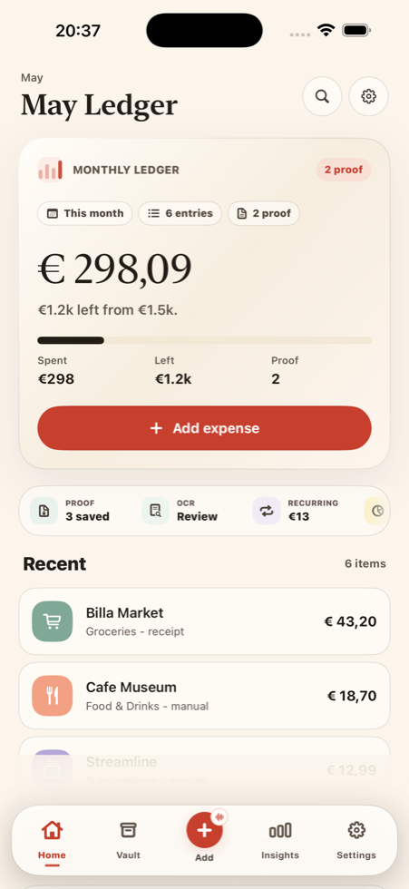 SpendPouch home ledger screen