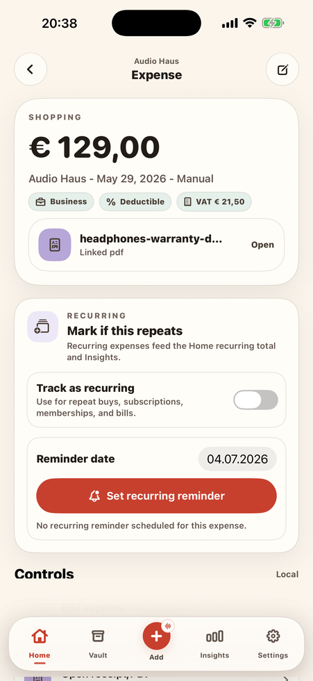 SpendPouch expense flagged as business and tax-deductible with a VAT split