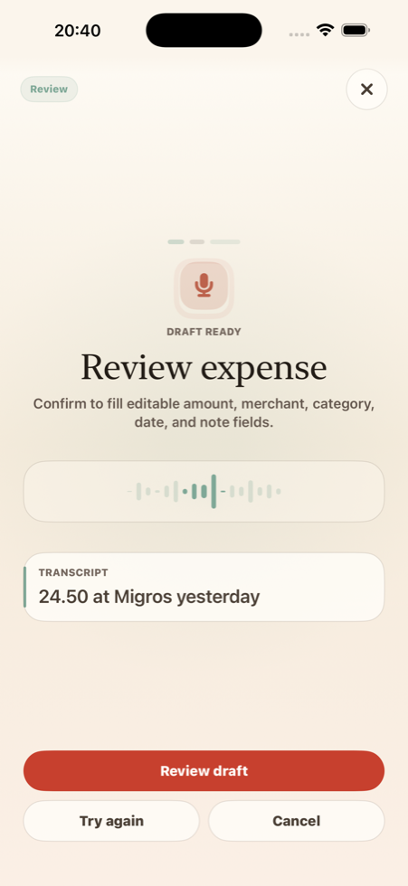SpendPouch voice capture review screen